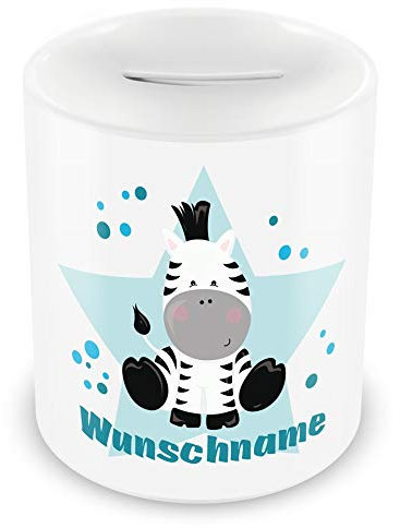 Samunshi® Kinder Spardose mit Namen und Zebra als Motiv für Kinder - Jungen und Mädchen Sparschwein weiß