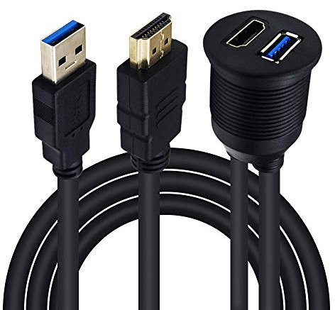 Duttek USB Panel Flush Mount câble 2M / 6,6ft USB 3.0 et HDMI mâle à Femelle Extension Mount, Tableau de Bord, encastré, câble de Montage sur Panneau, pour Voiture, Bateau, Moto 2M (USB3.0 et HDMI)