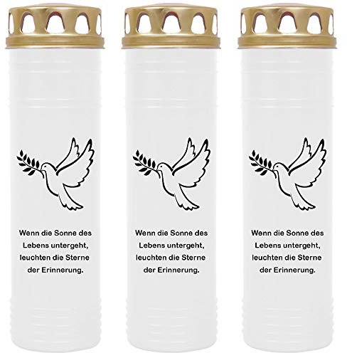 HS Candle Grabkerze - 3er Pack - (Weiß) Grablicht ca. 7 Tage Brenndauer je Kerze - Motiv: Taube
