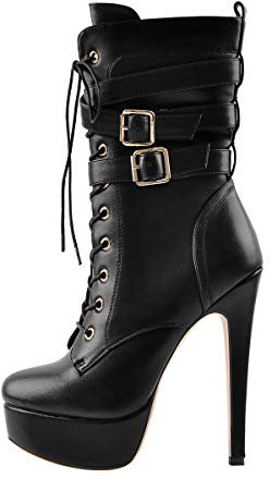 Only maker Damen Plateau Stiefeletten Halbstiefel Pfennigabsatz Schnürstiefel mit Reißverschluss Schwarz 42 EU