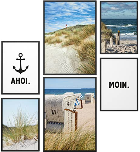 Papierschmiede® Mood Poster Set Moin, Gerahmte Bilder (Rahmen: Material und Farbe wählbar), Wohnzimmer Deko Schlafzimmer, 2x DIN A3 und 4x DIN A4, Norden Strand Küste Dünen