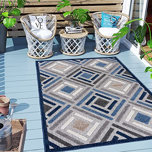 Carpeto Rugs Geometrisch In- & Outdoor Teppich Wetterfest für Balkon, Terasse - Balkon Teppich Wasserfest - Outdoorteppich Wetterfest - Aussenteppich Terrasse Groß - Blau Grau 2-160 x 230 cm