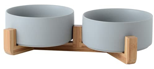 Bowls for Dogs and Cats Ceramic Bowls Raised with Bamboo Holders Ceramic Raised Bowls with Wooden Holders (DOUBLE 15.5 CM, GREY)
