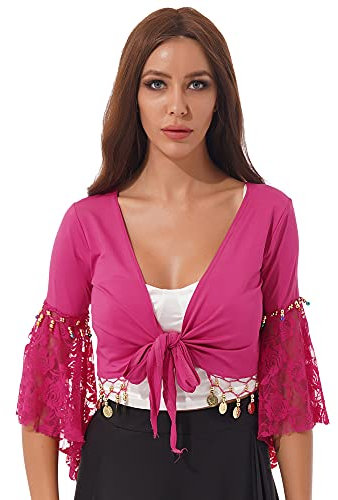 IEFIEL Top de Danza del Vientre Mujer Crop Top Manga Larga de Danza Oriental Chal Corto de Fiesta Disfraz de Bailarina Mujer Fucsia XL