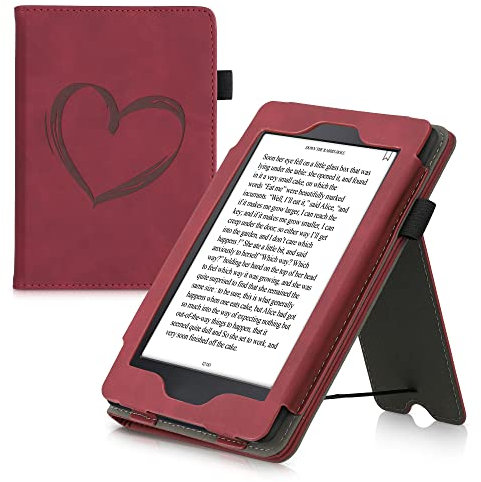 kwmobile Schutzhülle kompatibel mit Amazon Kindle Paperwhite Flip Hülle - Cover mit Handschlaufe - Herz Brush Dunkelrot