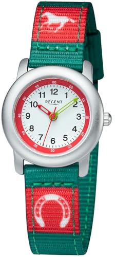 Regent Kinder Armbanduhr aus Aluminium und Textil in der Farbe Grün-Rot mit einem Durchmesser von 26mm, Wasserdichtigkeit: 3Bar, 12400313