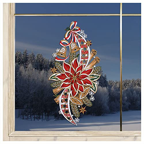 DSD Design-Studio Drechsler Fensterbild Weihnachtsstern mit Glöckchen Plauener Spitze Winter-Deko Adventsmotiv 35 x 18 cm