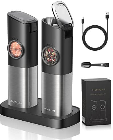 FORLIM Elektrische Salz und Pfeffermühle Set, mit Wiederaufladbarer Basis,Automatischer Salzmühle mit LED-Licht, Einstellbare Grobheit,aus Edelstahl,für Küche und BBQ,2er Pack(Schwarz)