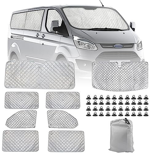 Wohnmobil Windschutzscheibe Sonnenschutz Ersatz für Ford Transit Custom SWB 2012-2022, 8 Teiliger Sonnenschutz für Frontscheibe, Internes Thermorollo Set mit Aufbewahrungstasche (8PCS-SWB)