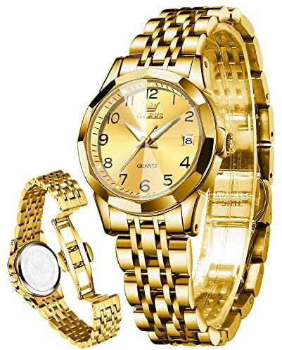 OLEVS Damenuhren Leicht zu lesen Armbanduhr mit Kleines Gesicht Gold Edelstahlband Leuchtend wasserdichte Kalender Luxus Armbanduhr