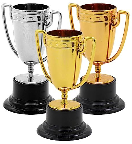 Angoily 3pcs Gold Plastic Trophies Mini Silver Bronze Golden Trophy Award Cups for Football Soccer Baseball Sports Competition Game Carnival Prize Party Favors