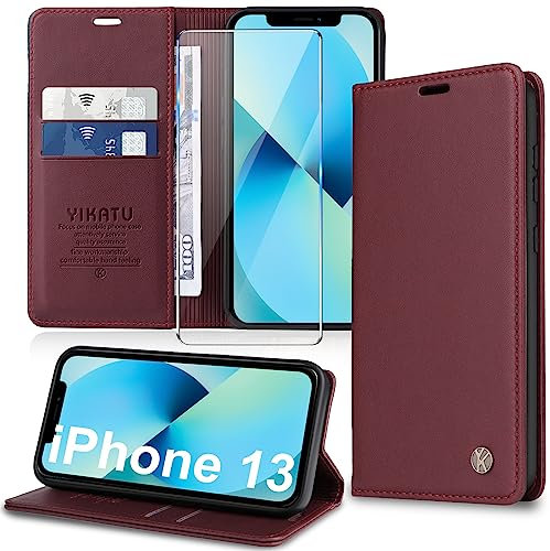 Migexxkj Handyhülle für iPhone 13 Hülle [mit Schutzfolie][Premium PU Leder] Klapphülle Ständer Kartenfach Magnetic Flip Case Cover Etui Tasche Schutzhülle für iPhone 13 6.1“