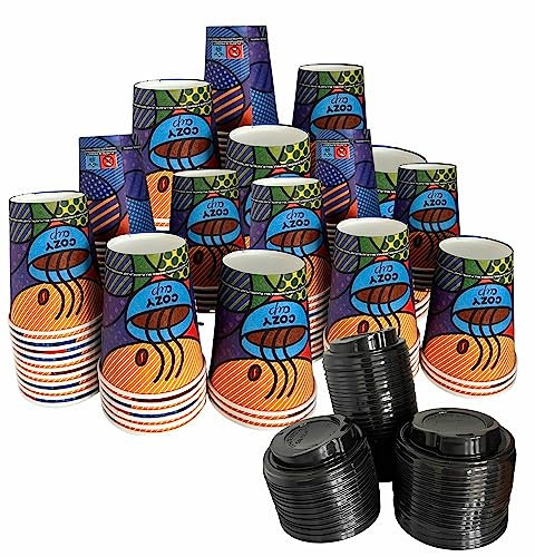 Intertan 100 Kaffeebecher mit Deckel To Go Pappe 240ml Design COZY CUPS Pappbecher Einwegbecher für Heißgetränke bis 95°C und Kaltgetränke Papp Becher für Unterwegs, Büro, Uni, Party, Picknick