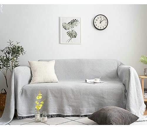 Mesnt Sofabezug 1 Sitzer, Lichtgrau Waschbar Sofa Protection Cover Schonbezug Couch Einfarbig mit Quasten aus Baumwolle, 90x90CM
