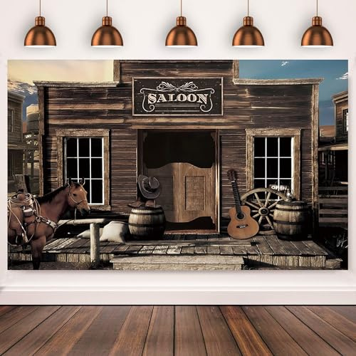 2.4x1.8m Toile de Fond Western Cowboy Vintage West Saloon Maison en Bois Porte de Grange Retro Roue de Cheval Fond de Photographie Country Western Birthday Party Decorations Banner Photo Booth Props