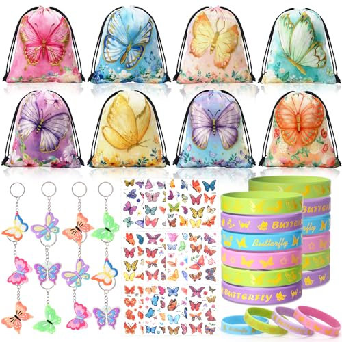 vamei Schmetterling Mitgebsel Kindergeburtstag Party Mitgebsel Mädchen mit Schmetterling Silikonarmband Schmetterling Party Kordelzug Taschen Tätowierungen für Give Aways Kindergeburtstag Mädchen