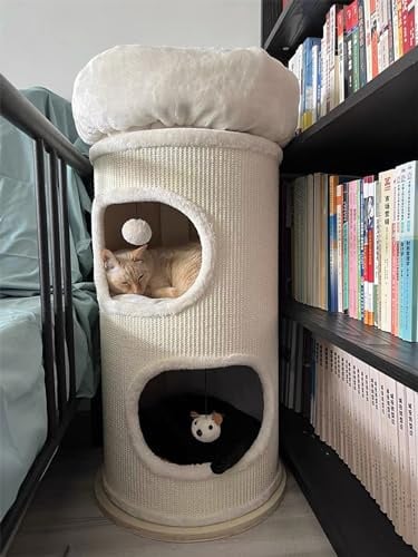 ESRADA Barrel-Shaped Pet House Tower, 2-4 Story Cat Tree Condo, Modern Cat Furniture Multi-Layer Cat House with Sisal Scratch Pad, 2-4 Hideaways, Removable Soft Top Plush B 90CM