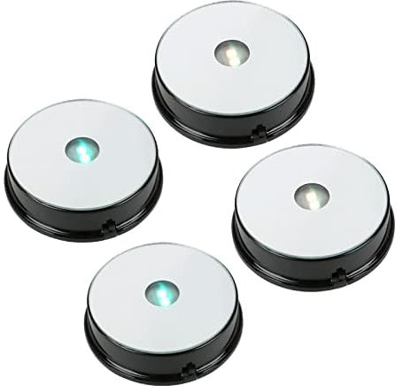 LED Display Base, Round Colorful LED Light Dispaly Base with Mirror Top, Art Figurine Crystal Display Base Stand for Crystal Glass Ball Art Decors, 3 AAA Batteries Powered (4PCS,Black)
