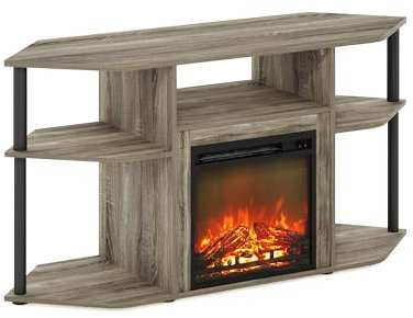 Furinno Jensen Cheminée d'angle ouverte avec poteaux en plastique pour TV jusqu'à 140 cm, gris chêne français/noir