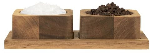 Salter BW12782EU7 Toronto - Ollas de sal y pimienta - Incluye 2 macetas con bandeja de almacenamiento, madera de acacia duradera, salero de madera, cuencos de sal y pimienta de encimera, recipientes