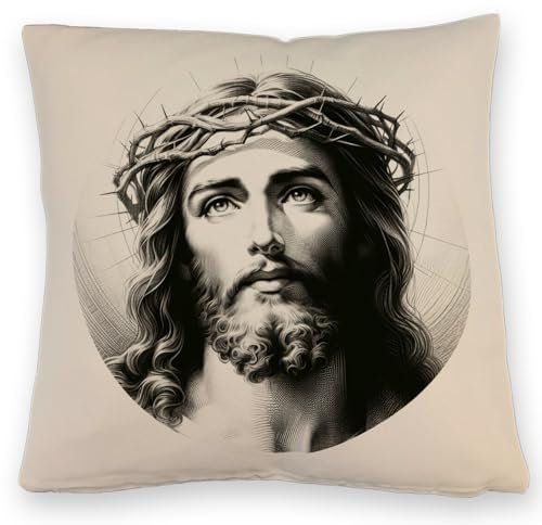 speecheese Jesus Christus Kissen mit Leinenoptik Porträt des Erlösers Christentum Glaube im biblischen Heilandsdesign Spirituelles Religion Jesus Christus Kissen mit Leinenoptik