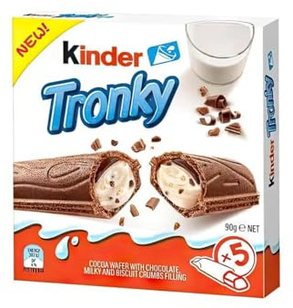 Kinder Tronky 90 g – Rollos de gofres crujientes con relleno cremoso de avellana y chocolate con leche, 5 unidades (5 x 18 g), ideal para la hora del café