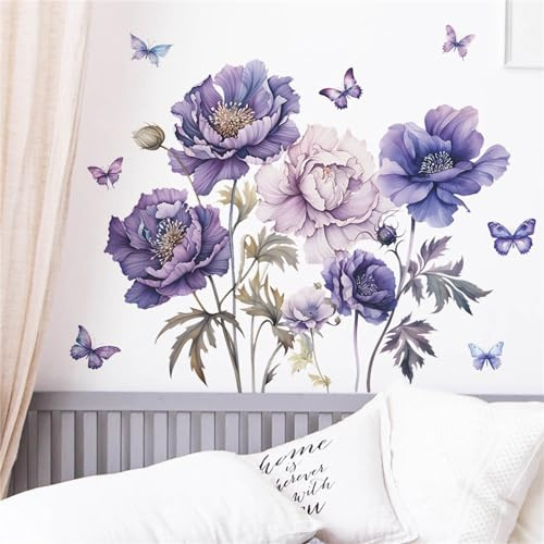 CULASIGN Große Blumen Wandtattoo, Lila Vintage Rose Blumen Schmetterling Wandaufkleber Wandsticker Wanddeko für Schlafzimmer Wohnzimmer Sofa TV Hintergrund