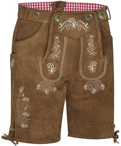 KOSMEEU Lederhose Herren Tracht Kurz Trachtenhose Trachtenlederhosen Lederhose Oktoberfest Mann Braun bayrische Trachten Hose Trachtenmode mit Hosenträger 56