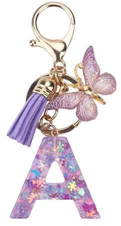 Schlüsselanhänger für Damen Mädchen Schlüsselringe Anfänglicher Schlüsselbänder Schlüsselbundbuchstabe mit Quaste Schmetterling Pailletten für Handtaschen Handytaschen Rucksack Anhänger Charm lila A