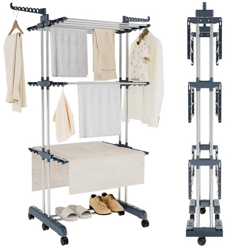 Trintion 4-Tier Clothes Drying Rack, Clothes Airer Indoor Folding 18M Drying Space Large Drying Rack With Casters, 50 Hanging Holes for Laundry Drying