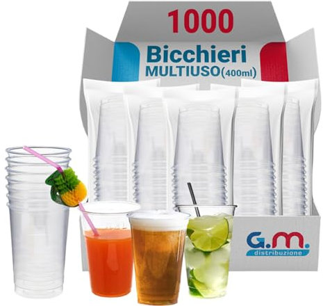 G.M. DISTRIBUZIONE 1000 Bicchieri Multiuso in Polipropilene Trasparenti da 400ml, Bicchieri Usa e Getta di Alta Qualità per Bevande, Cocktail, Birra, Granita