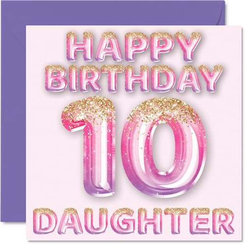 10th Birthday Card for Daughter, Pink & Purple Glitter Balloons | Happy Birthday Cards for 10 Year Old Daughter from Mum or Dad Parents, 145mm Bday Greeting Cards Gift