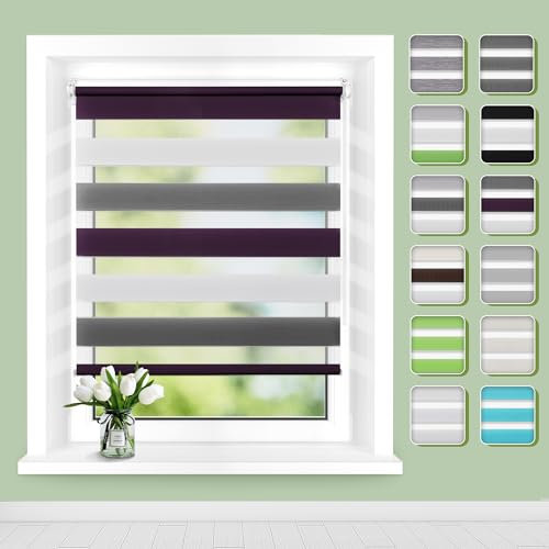 Doppelrollo Klemmfix ohne Bohren B90 x H150cm(Stoffbreite 86cm) Weiß-grau-lila, Rollos für Fenster, Rollo ohne Bohren mit Lichtdurchlässig und Verdunkelnd/Höhe Stufenlos Verstellbar/Kindersicherung