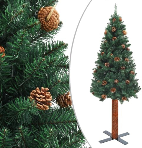 YUOTYRKTEJRSG albero di natale con luci led,addobbi natalizi,Albero di Natale Sottile con Legno Vero e Pigne Verde 210cm PVCIdeale per patii, salotti, dove è necessario