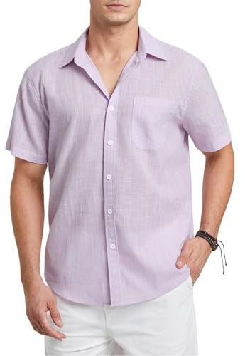 HISDERN Camicia Lino Uomo Manica Corta Casual Estate Solido Camicia per Spiaggia Vacanza Lavoro con Bottoni Tasca Lilla L