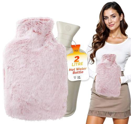 LKH Hot Water Bottle with Cover UK Cosy Pocket 2L Hot Water Bottle for Hot & Cold Compress Washable Super Soft Sherpa Fleece & Faux Fur Cover Hand Warmer Neck Shoulder Pain Relief