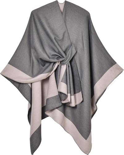 Shmily Girl Poncho Femme Tricot Cape Réversible Couverture Elégante Epaule Chaude Echarpe Tricotée Manteau pour Printemps Automne (Gris & Rose)