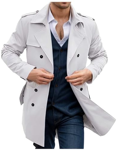 Foweknow Trench Coat Uomo Classico Doppio Petto Windbreaker Medio Lungo Casual Vintage Streetwear Primavera Autunno Revers Solide Mode Business Giacca da Lavoro Comodo Soprabito
