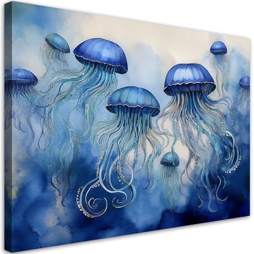 Feeby Leinwand Bilder - Blaue Qualle Meer - Vlies 90x60 cm - Deko Wohnzimmer - Wandbilder Schlafzimmer - Deko Aesthetic - Wand Deko - Leinwand Groß - Deko Zimmer - Leinwandbilder XXL