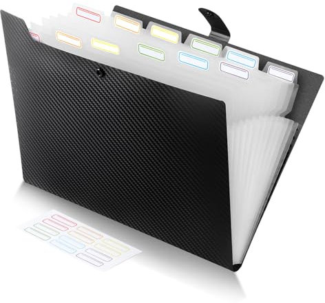 FRETONBA Accordion File Organiser, 13 Pockets Expanding Box File, Plastic Document Folders for Paperwork A4 with Lid and Labels, Organiser Storage for Home, Office, School, Black