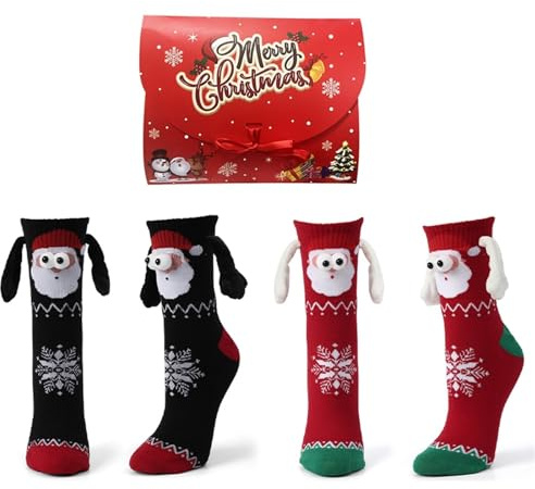 papasgix 2 Paar Lustige Magnetische Weihnachten Socken, Weihnachtssocken mit Magnetarmen, Hand in Hand Socken Funny Socks Couple Geschenke für Damen Herren