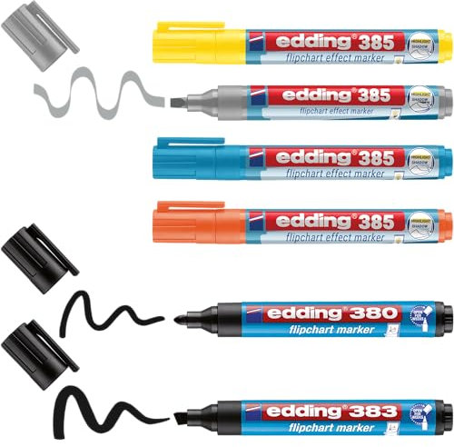 edding Flipchartmarker Set Highlight + Shading - 6er-Set - 4x Flipchart-Effektmarker + 2x Flipchartmarker - Perfekte Mischung der Marker zum Arbeiten auf allen Papieren - trocknet nicht aus