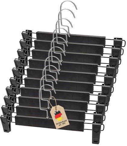 Intirilife Hosenbügel Schwarz - 10 Stück Antirutsch Hosenbügel aus Kunststoff und Metall für Röcke Hosen - 31 x 3 x 15,5 cm - verstellbare Klammer, Kleiderbügel Klemmbügel Rockbügel Hosen Spanner