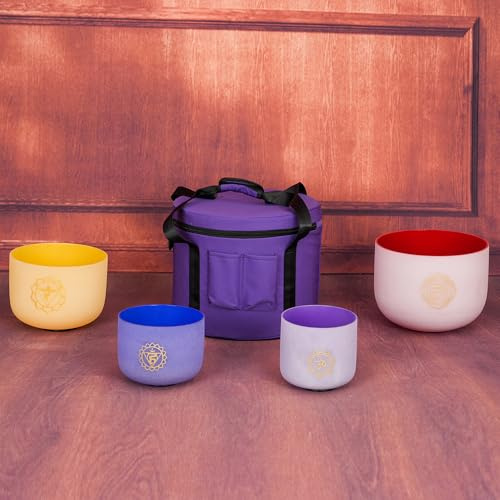 Colored Chakra Design 432Hz Tuned Set of 7 Quartz Crystal Singing Bowl 6“B+7A+8G+9F+10E+11D+12C with Carrier