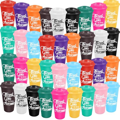 Kaxtde 36 Pcs Thank You Gifts Coffee Cups, 470 ml Appreciation Plastic Cup Bulk, Reusable Inspirational Tumblers with Lids for Employee Teacher Coworker Staff Nurses (12 Colors)
