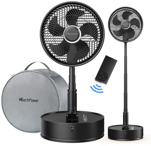Marchpower Ventilador de pie oscilante plegable de 10 pulgadas con control remoto, ventilador portátil silencioso de pedestal con temporizador, ventilador de escritorio USB recargable de 7200 mAh para