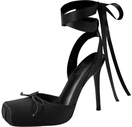 Vertundy Women's Satin Ballet Heels Lace Up Square Toe Stiletto High Bow Ballerina Heels