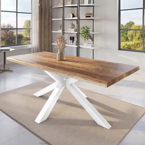 trelevo Esszimmertisch 220x100 cm, Mangoholz massiv, Tischplatte Natur/rau, echte Baumkante, Spider Gestell weiß, Baumkantentisch