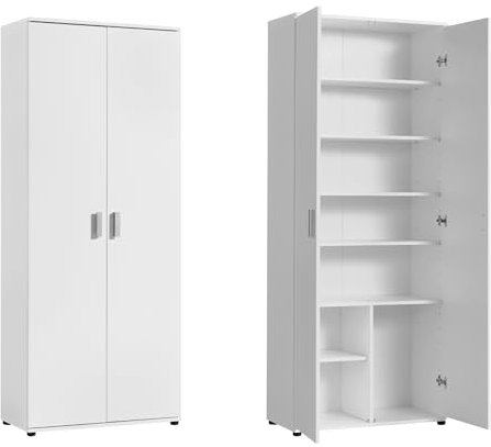 Mehrzweckschrank 75 cm breit mit 2 Türen & 6 Einlegeböden, Vielseitiger Haushaltsschrank für Vorräte, Putzmittel, Akten, Universalschrank für Haushalt, Flur, Büro, Keller, 75x35x184 cm (BxTxH), Weiß