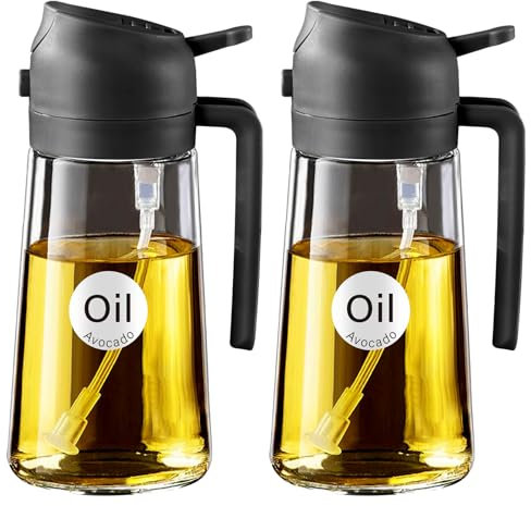 YARRAMATE 2Pcs 2-in-1 Olive Oil Sprayer Glass Bottle Dispenser, 16oz/470ml Capacity, Premium Nozzle for Cooking, Pour and Spray, Kitchen, Air Fryer, BBQ (Black & Black)